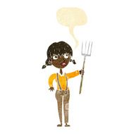 cartoon farmer girl with speech bubble