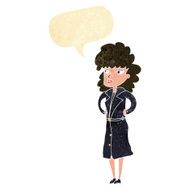 cartoon woman in trench coat with speech bubble N5