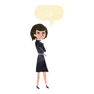 cartoon woman in trench coat with speech bubble N6
