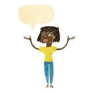 cartoon woman holding up hands with speech bubble N4