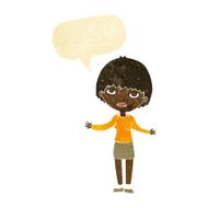 cartoon woman shrugging with speech bubble N11