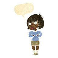 cartoon woman making Who Me? gesture with speech bubble N9