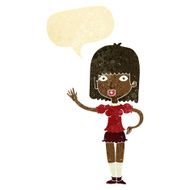 cartoon woman waving with speech bubble N61
