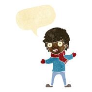 cartoon boy in winter clothes with speech bubble N2