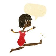 cartoon happy woman kicking with speech bubble