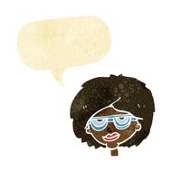 cartoon woman wearing spectacles with speech bubble N7