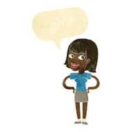 cartoon happy woman with hands on hips speech bubble N4