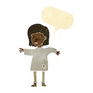 cartoon woman in patched clothing with speech bubble