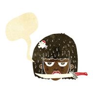 cartoon woman holding knife between teeth with speech bubble N2