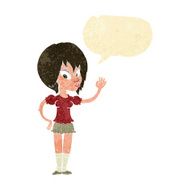 cartoon pretty woman waving with speech bubble N17