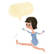 cartoon happy woman kicking with speech bubble N2