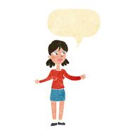 cartoon happy woman shrugging shoulders with speech bubble N4