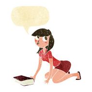 cartoon girl picking up book with speech bubble N2