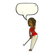 cartoon woman playing golf with speech bubble N5