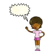 cartoon girl waving with speech bubble N7