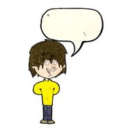 cartoon happy scruffy boy with speech bubble N4