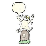 cartoon ghost rising from grave with speech bubble N9
