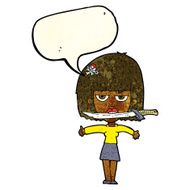 cartoon woman with knife between teeth speech bubble N9