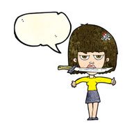 cartoon woman with knife between teeth speech bubble N10