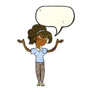 cartoon woman raising hands in air with speech bubble N5
