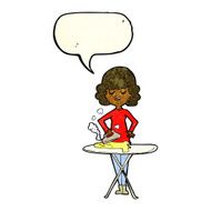 cartoon woman ironing with speech bubble N3