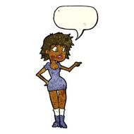 cartoon worried woman in dress pointing with speech bubble N3