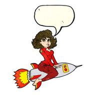 cartoon army pin up girl riding missile with speech bubble N4