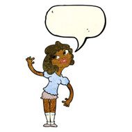 cartoon woman waving with speech bubble N70