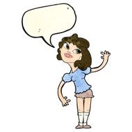 cartoon woman waving with speech bubble N71