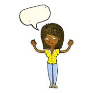 cartoon woman holding up hands with speech bubble N5