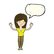 cartoon woman holding up hands with speech bubble N6