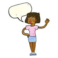 cartoon woman waving with speech bubble N73