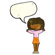 cartoon woman raising arms in air with speech bubble N3