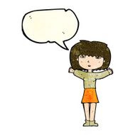 cartoon woman raising arms in air with speech bubble N4