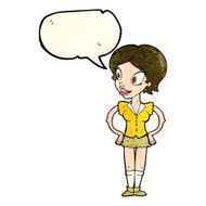 cartoon happy woman in short skirt with speech bubble N2