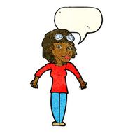 cartoon woman wearing goggles with speech bubble N3