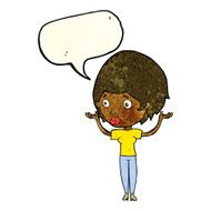 cartoon woman raising hands in air with speech bubble N7