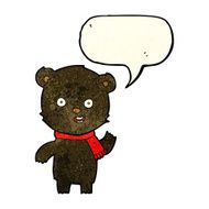 cartoon waving black bear cub with scarf speech bubble N2