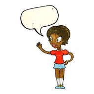 cartoon waving woman with speech bubble N45