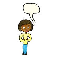 cartoon woman gesturing at self with speech bubble N7