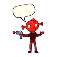 cartoon alien with ray gun speech bubble N2