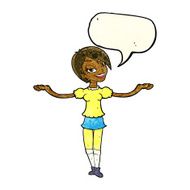 cartoon woman making open arm gesture with speech bubble N3