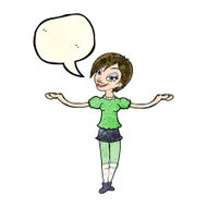 cartoon woman making open arm gesture with speech bubble N4