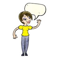 cartoon woman waving with speech bubble N77