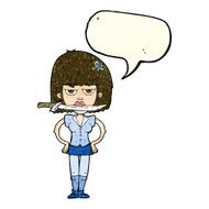 cartoon woman with knife between teeth speech bubble N11