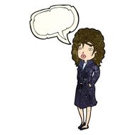 cartoon woman in trench coat with speech bubble N7