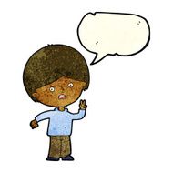 cartoon unhappy boy giving peace sign with speech bubble N3