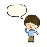 cartoon unhappy boy giving peace sign with speech bubble N4