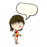 cartoon woman in swimsuit shrugging shoulders with speech bubble N2