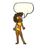 cartoon woman in swimming costume with speech bubble N3